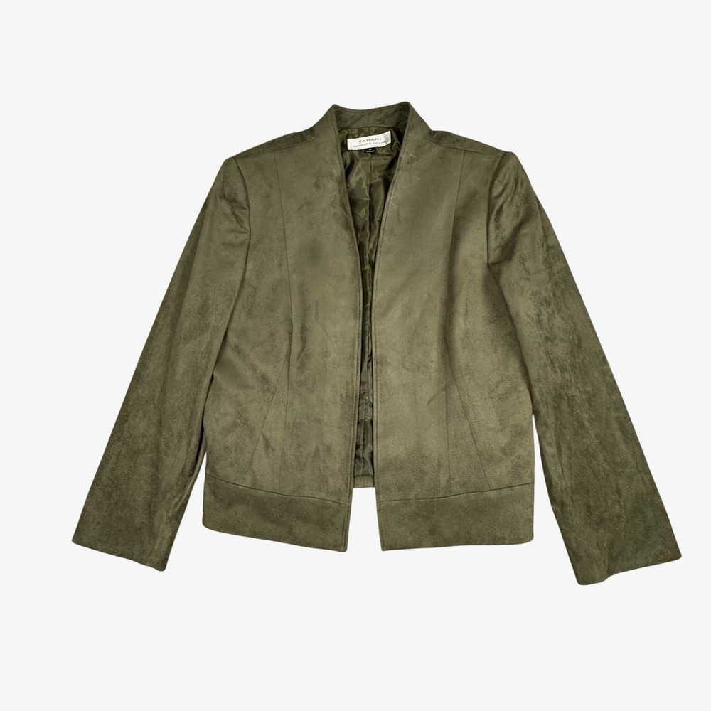 Tahari Moss Green Faux Suede Open Front Jacket Blazer Size 16 NWT